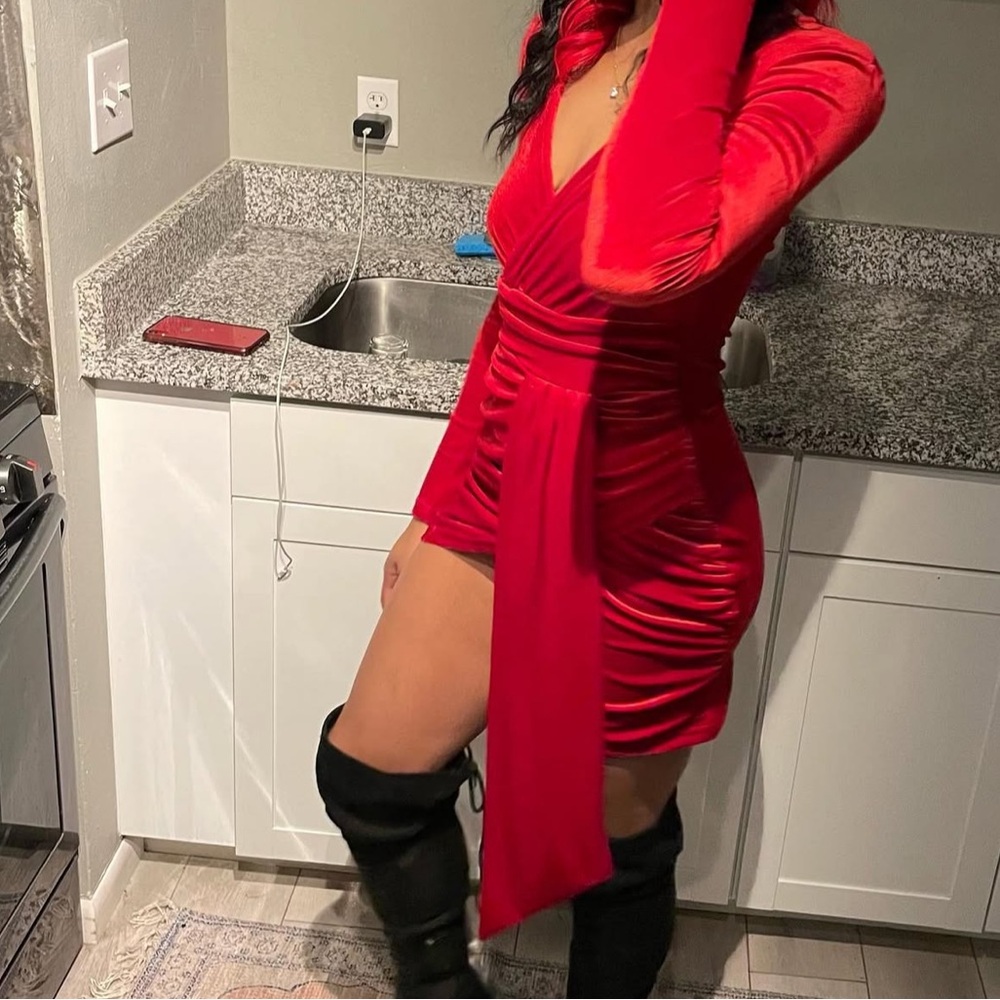 SHEIN Velvet Red Long Sleeve Dress